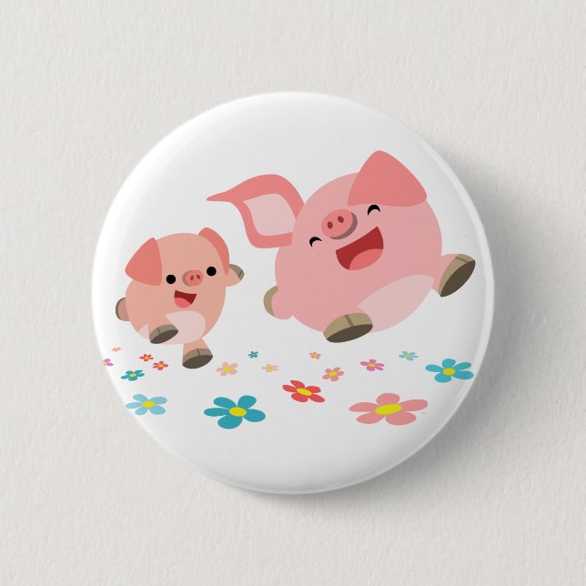 Es ist Frühling! - Zwei Niedliche Cartoon Schweine Button (Vorderseite)