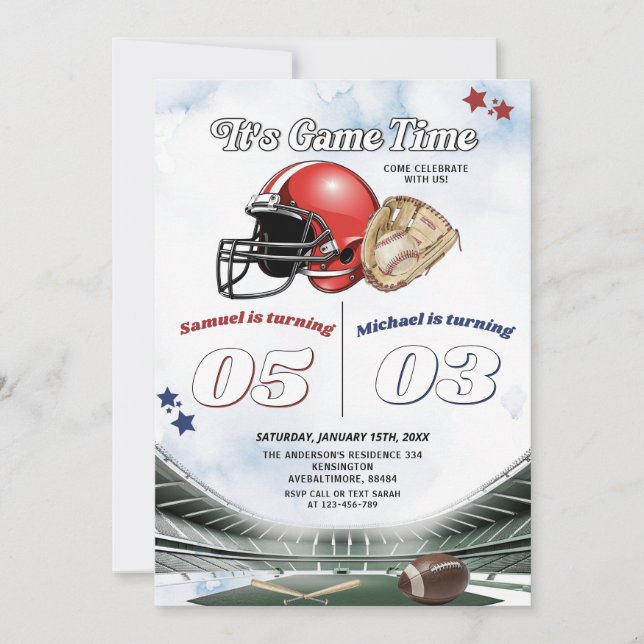 Es ist Game Time Football & Baseball Joint Geburts Einladung (Vorderseite)