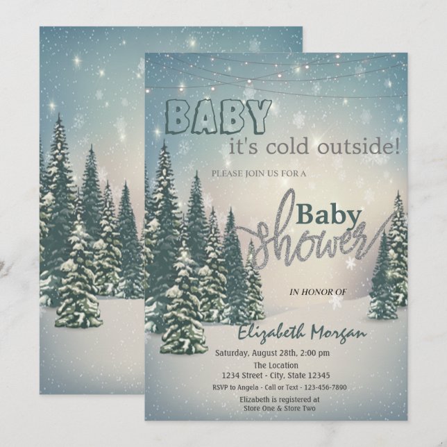 Es ist kalte Outside Winter Pine Trees Baby Dusche Einladung (Vorne/Hinten)