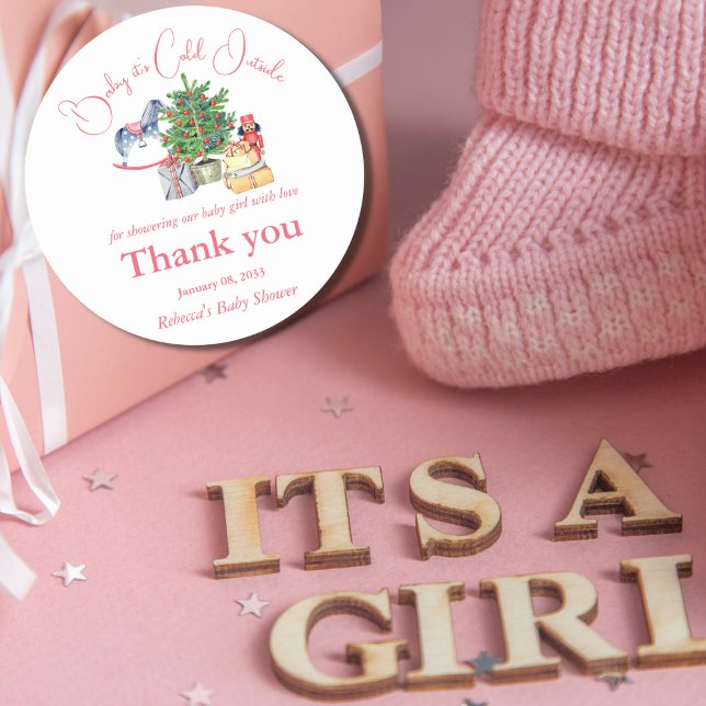 Es ist kalte Outside Winter Pink Girl Baby Dusche Runder Aufkleber (Von Creator hochgeladen)
