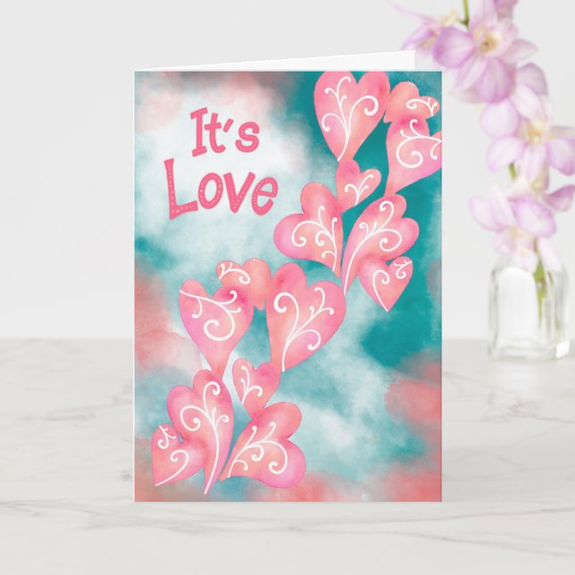 Es ist Liebe – Rosa und Türkis Herz Kaskade Karte (Orchidee)