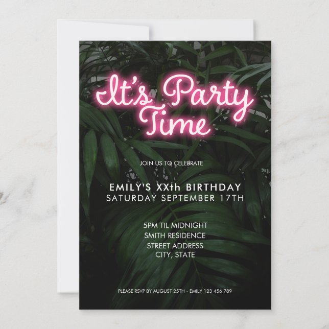 Es ist Party Time Modern Neon Birthday Einladung (Vorderseite)