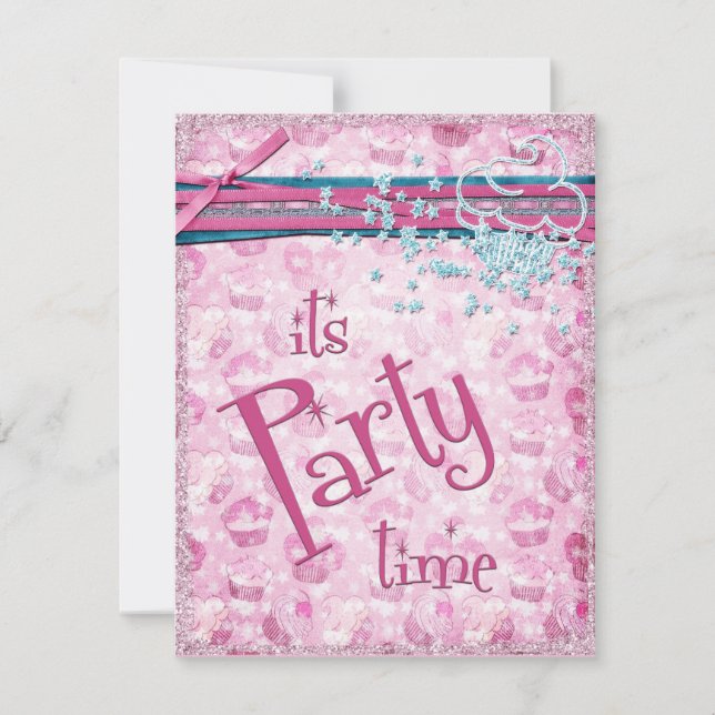 Es ist Party Zeit Extravagant Pink Cupcake Einladu Einladung (Vorderseite)