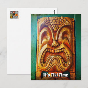 Es ist Tiki-Zeit Coole Fun Vintage Retro Holzgesic Postkarte
