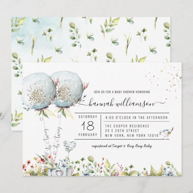 Es ist Twins Blue Balloon Baby Shower Einladung (Vorne/Hinten)