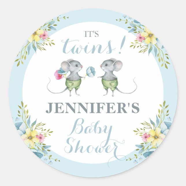 Es ist Twins Blue Floral Boy & Boy Baby Dusche Runder Aufkleber (Vorderseite)