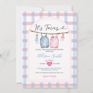 Es ist Twins Bow Kleidung Autumn Gingham Baby Show Einladung