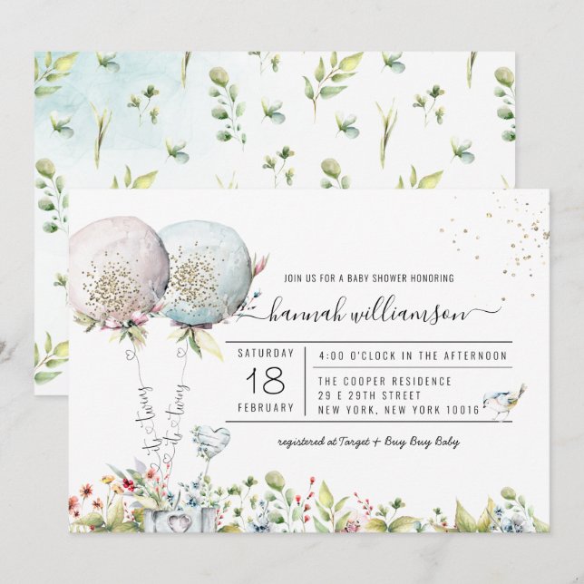 Es ist Twins Boy Girl Balloon Baby Shower Einladun Einladung (Vorne/Hinten)