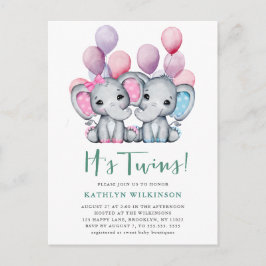 Es ist Twins Boy Girl Elephant Balloon Baby Shower Einladungspostkarte