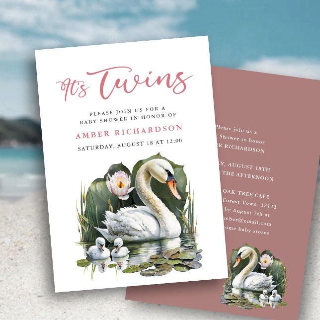 Es ist Twins Elegant Pink Script Swan Baby Shower Einladung (Von Creator hochgeladen)