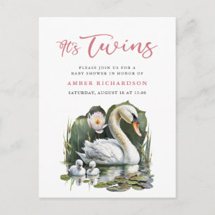 Es ist Twins Elegant Pink Script Swan Baby Shower Einladungspostkarte