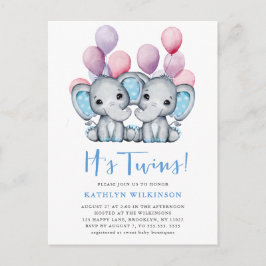 Es ist Twins Elephant Blue Balloon Niedlich Baby S Einladungspostkarte