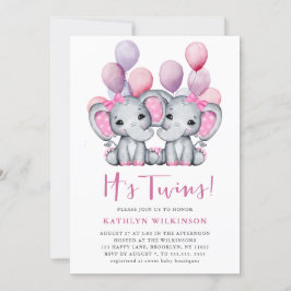Es ist Twins Elephant Pink Balloon Niedlich Baby S Einladung