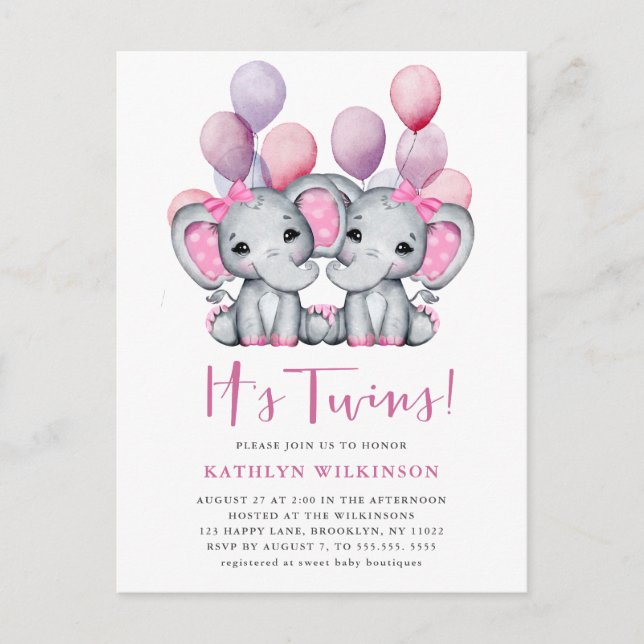 Es ist Twins Elephant Pink Balloon Niedlich Baby S Einladungspostkarte (Vorderseite)