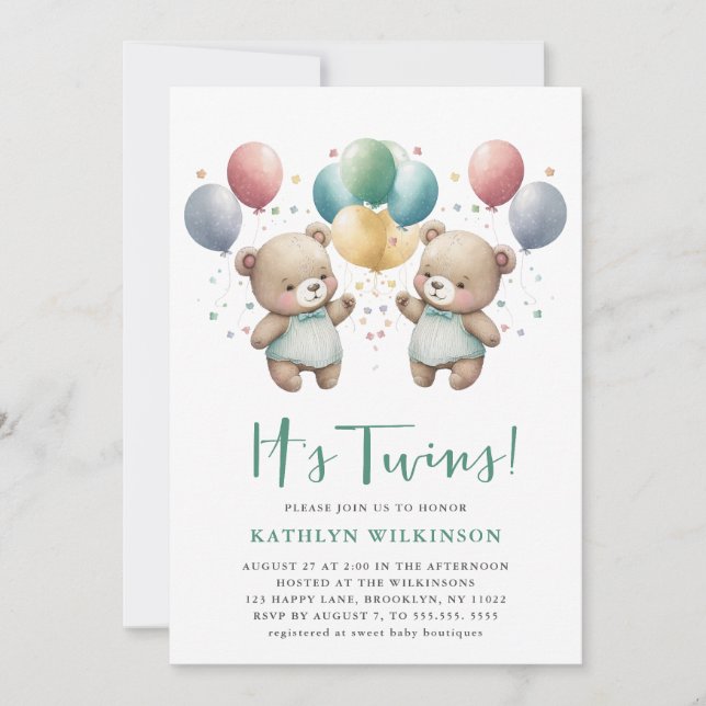 ES IST TWINS Green Balloons Teddy Bears Baby Dusch Einladung (Vorderseite)