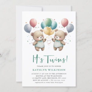 ES IST TWINS Green Balloons Teddy Bears Baby Dusch Einladung