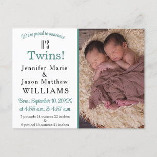 Es ist Twins Modern Aquamarine Foto Geburtsankündi Ankündigungspostkarte