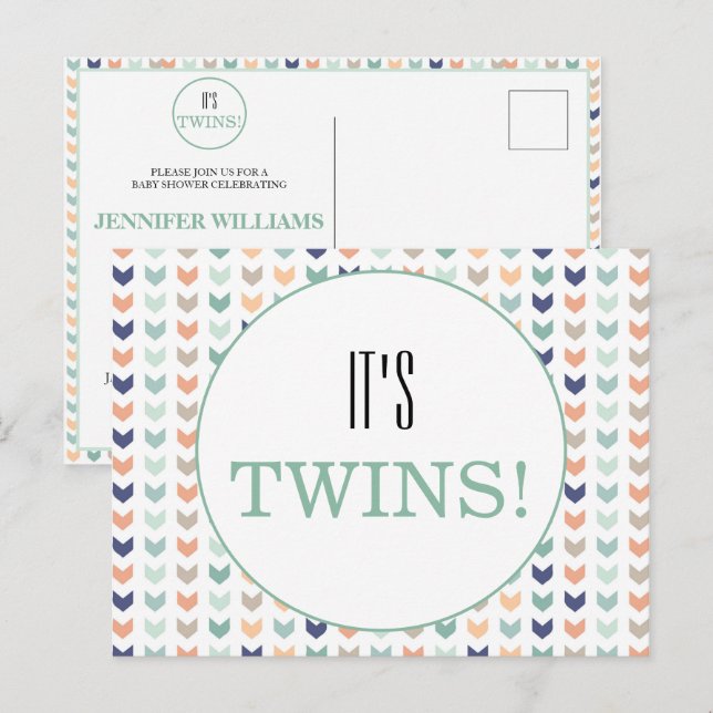 Es ist Twins Modern Geometric Twins Baby Dusche Postkarte (Vorne/Hinten)