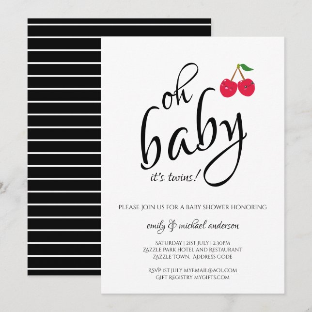 Es ist Twins Modern Typografy Cherry Baby Shower Einladung (Vorne/Hinten)