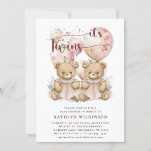 ES IST TWINS Pink Balloons Teddy Bears Baby Dusche Einladung