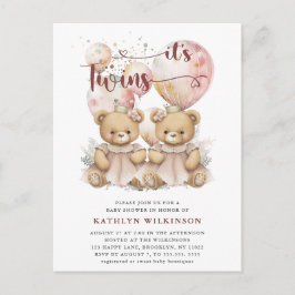 ES IST TWINS Pink Balloons Teddy Bears Baby Dusche Einladungspostkarte