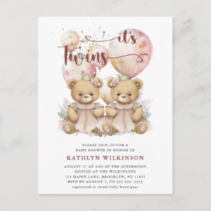 ES IST TWINS Pink Balloons Teddy Bears Baby Dusche Einladungspostkarte