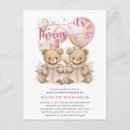 ES IST TWINS Pink Balloons Teddy Bears Baby Dusche Einladungspostkarte