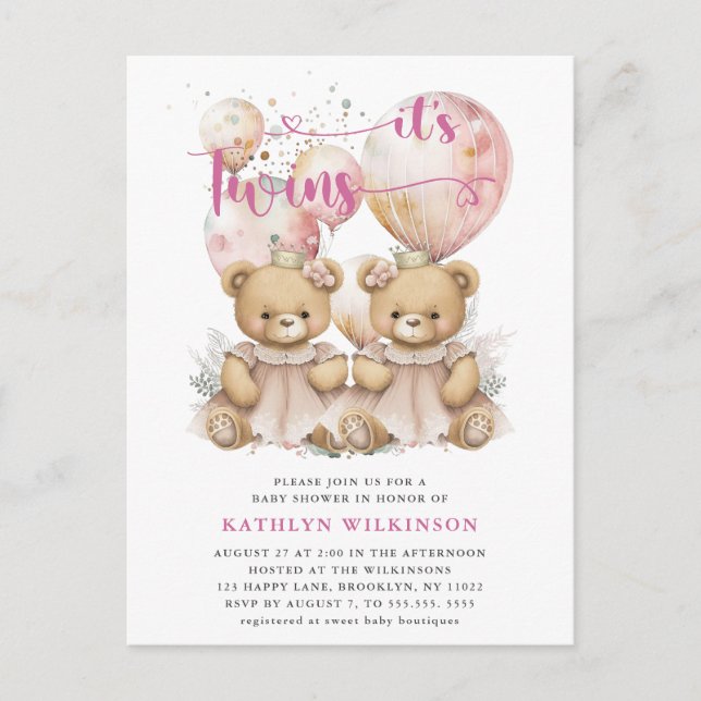 ES IST TWINS Pink Balloons Teddy Bears Baby Dusche Einladungspostkarte (Vorderseite)