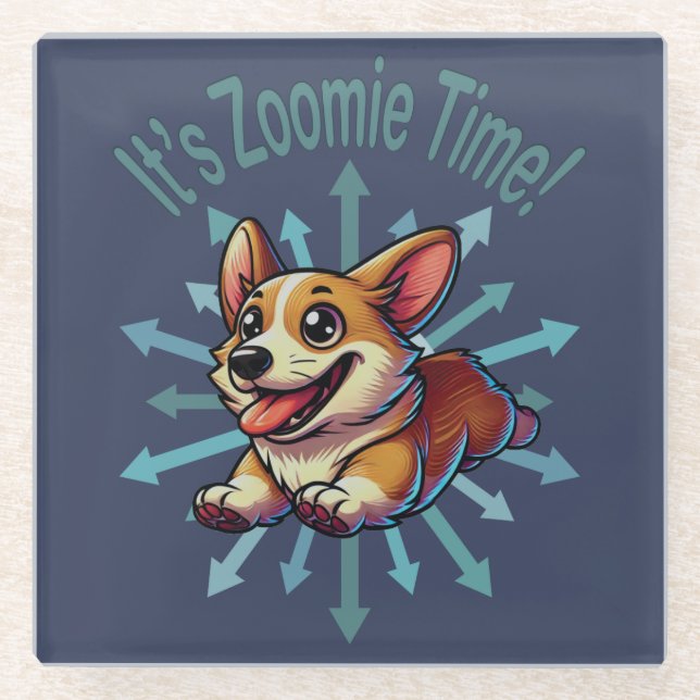 Es ist Zoomie Time Corgi Glasuntersetzer (Vorderseite)