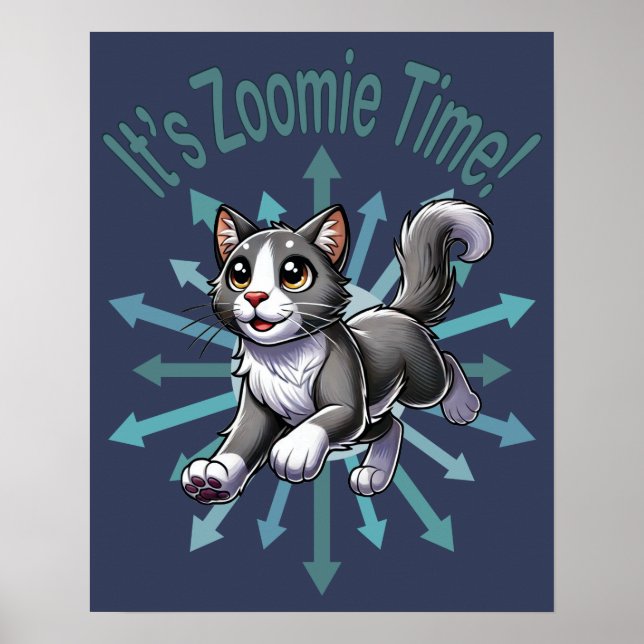 Es ist Zoomie Time Gray Bicolor Cat Poster (Vorne)