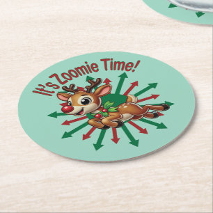 "Es ist Zoomie-Zeit! Weihnachts-Rentiere Runder Pappuntersetzer