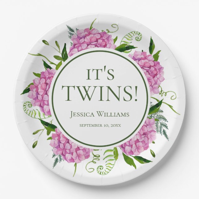 Es ist zwei Pink Hydrangeas Babydusche Pappteller (Vorderseite)