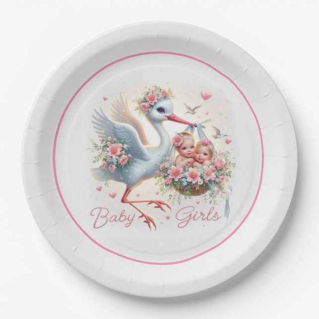 Es ist Zwillingsmädchen mit Stork, Baby Girls und  Pappteller (Vorderseite)