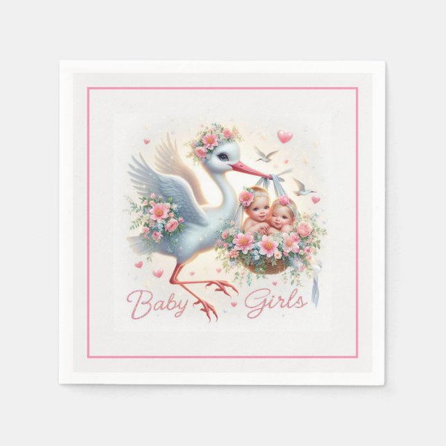 Es ist Zwillingsmädchen mit Stork, Baby Girls und  Serviette (Vorderseite)