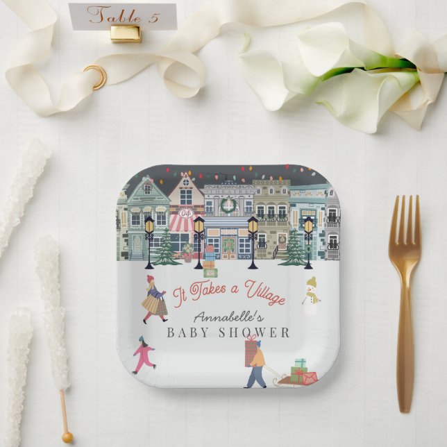 Es nimmt ein Village Holiday Town Baby Dusche Pappteller (Hochzeit)