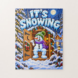 Es schneit lustigen Schneemann-Weihnachtshäuschen