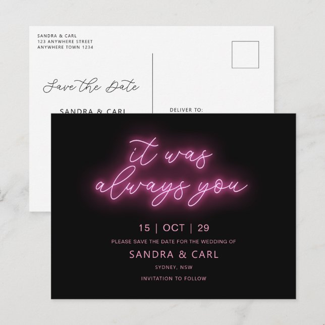 Es war immer du Neon Save the Date Einladung Po Postkarte (Vorne/Hinten)