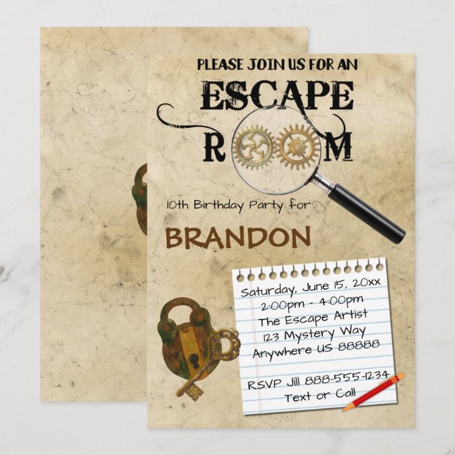 Escape Room Einladung zum Geburtstag (Vorne/Hinten)