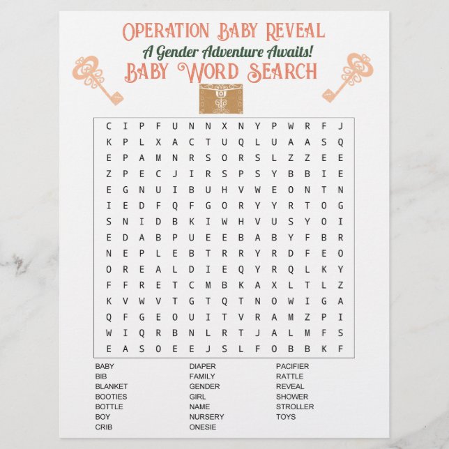 Escape Room Gender Reveal Baby Word Search Flyer (Vorne)