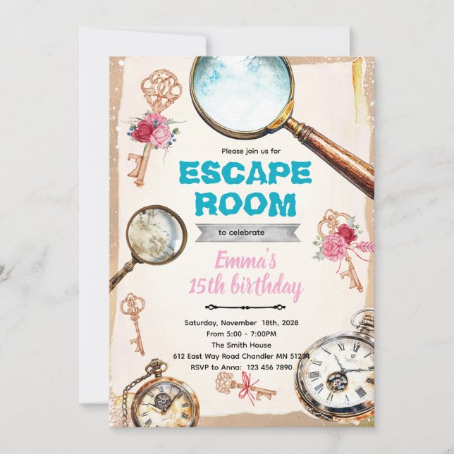 Escape room girl party invitation einladung (Vorderseite)