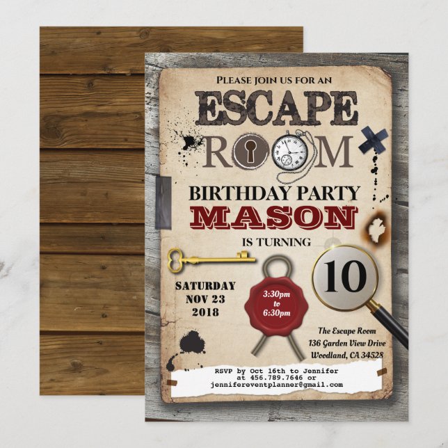 Escape Room Mystery löst Herausforderung Geburtsta Einladung (Vorne/Hinten)