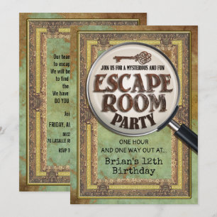 Escape Room Party Vorder- und Rückseite Einladung