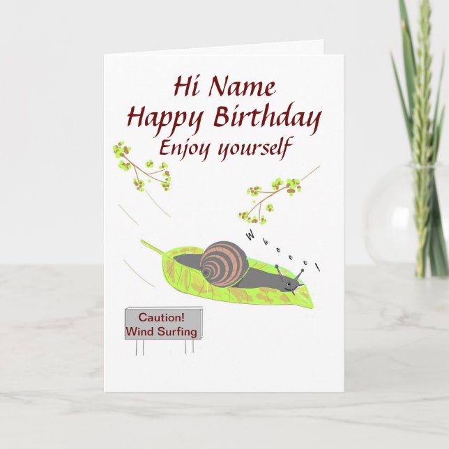 Escargot surfant de vent, carte d'anniversaire (Devant)