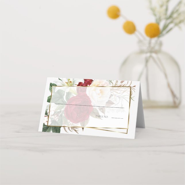Escort-Karte | Elfenbein und Red Peony Bouquet Platzkarte (Vorderseite)