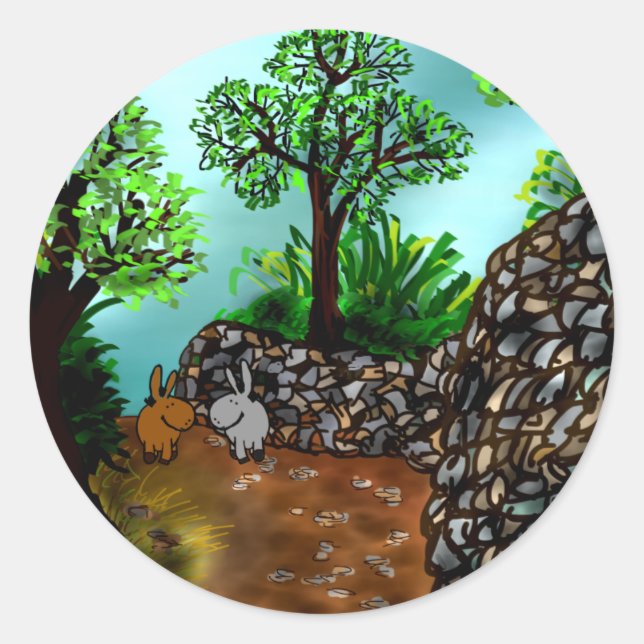 Esel entlang der Steinmauer Runder Aufkleber (Vorderseite)