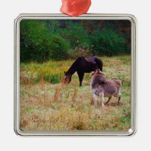 Esel und Pferd in einem Herbstfeld. Ornament Aus Metall