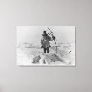 Eskimojäger mit Eisbär-Fotografie Leinwanddruck