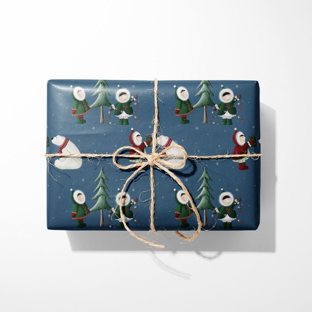 Eskimos & Polar Bears auf blau Geschenkpapier (Von Creator hochgeladen)