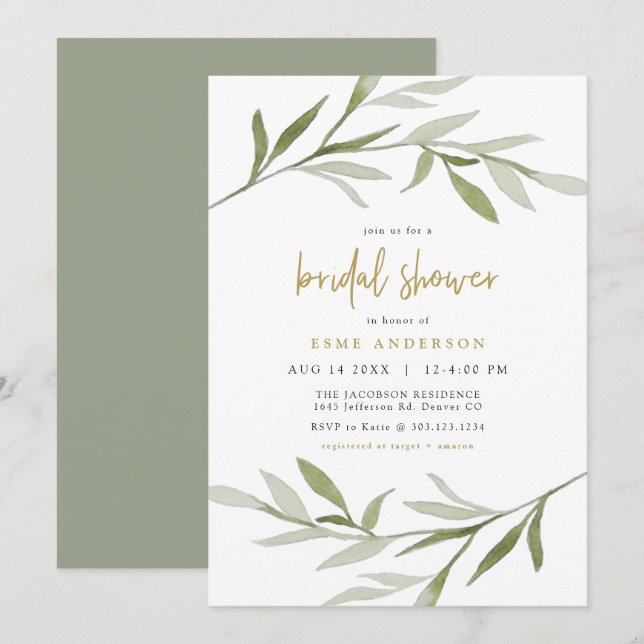 ESME Bohemisch Greenery & Gold Brautparty Einladung (Vorne/Hinten)