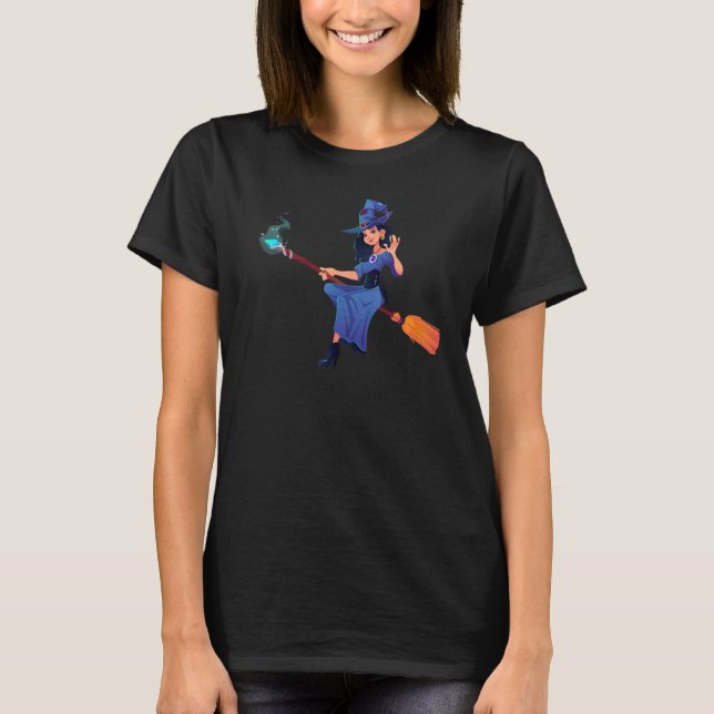 Esoteric Hexe Wizard Flying Broomstick T-Shirt (Vorderseite)